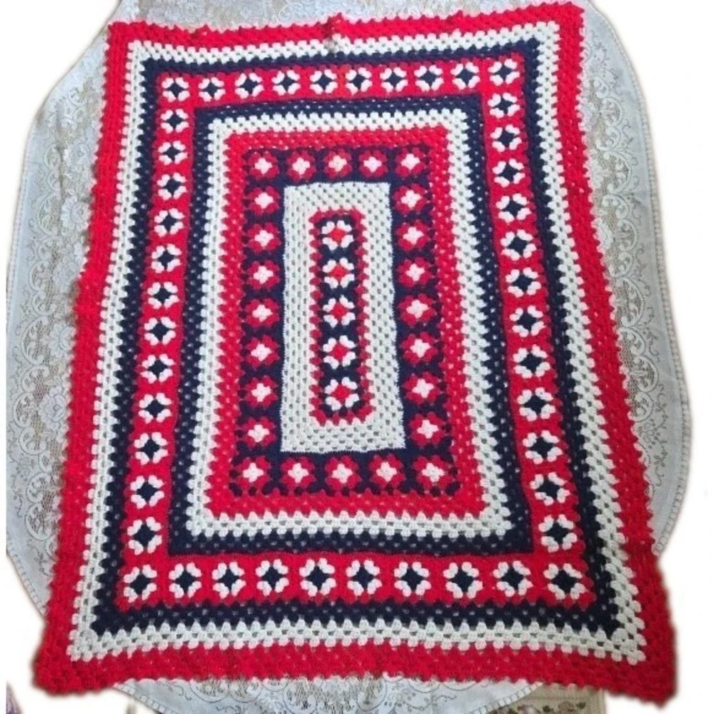 Crochet Granny Square Afghan Red White Blue 65